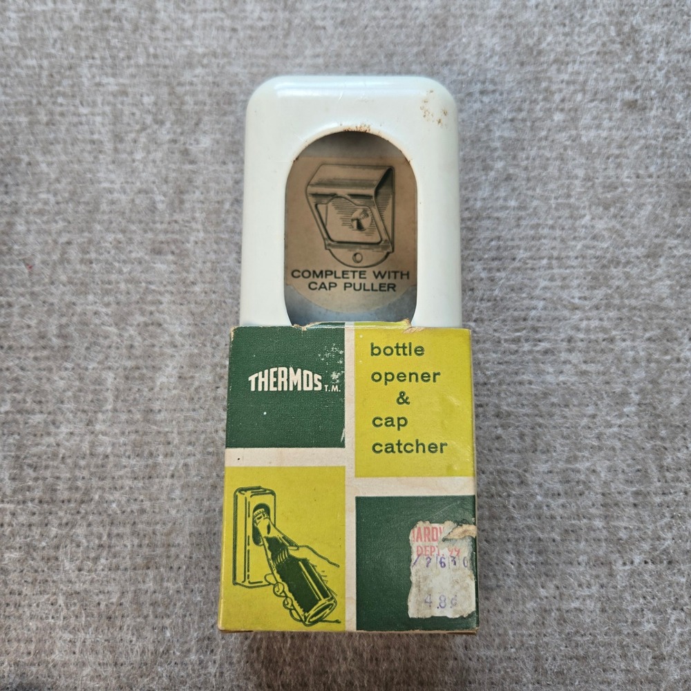 Vintage 1961 Thermos Wall Mount Bottle Opener and Cap Catcher White Metal Boxed